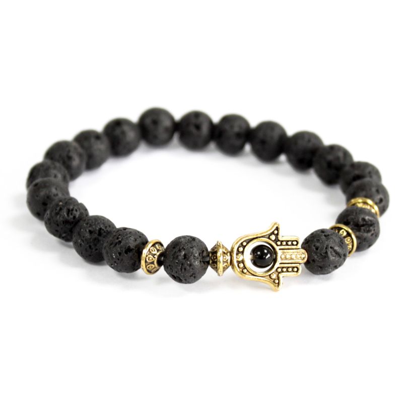 Pulsera de piedra de lava con Hamsa dorada · NŪMEN MIND