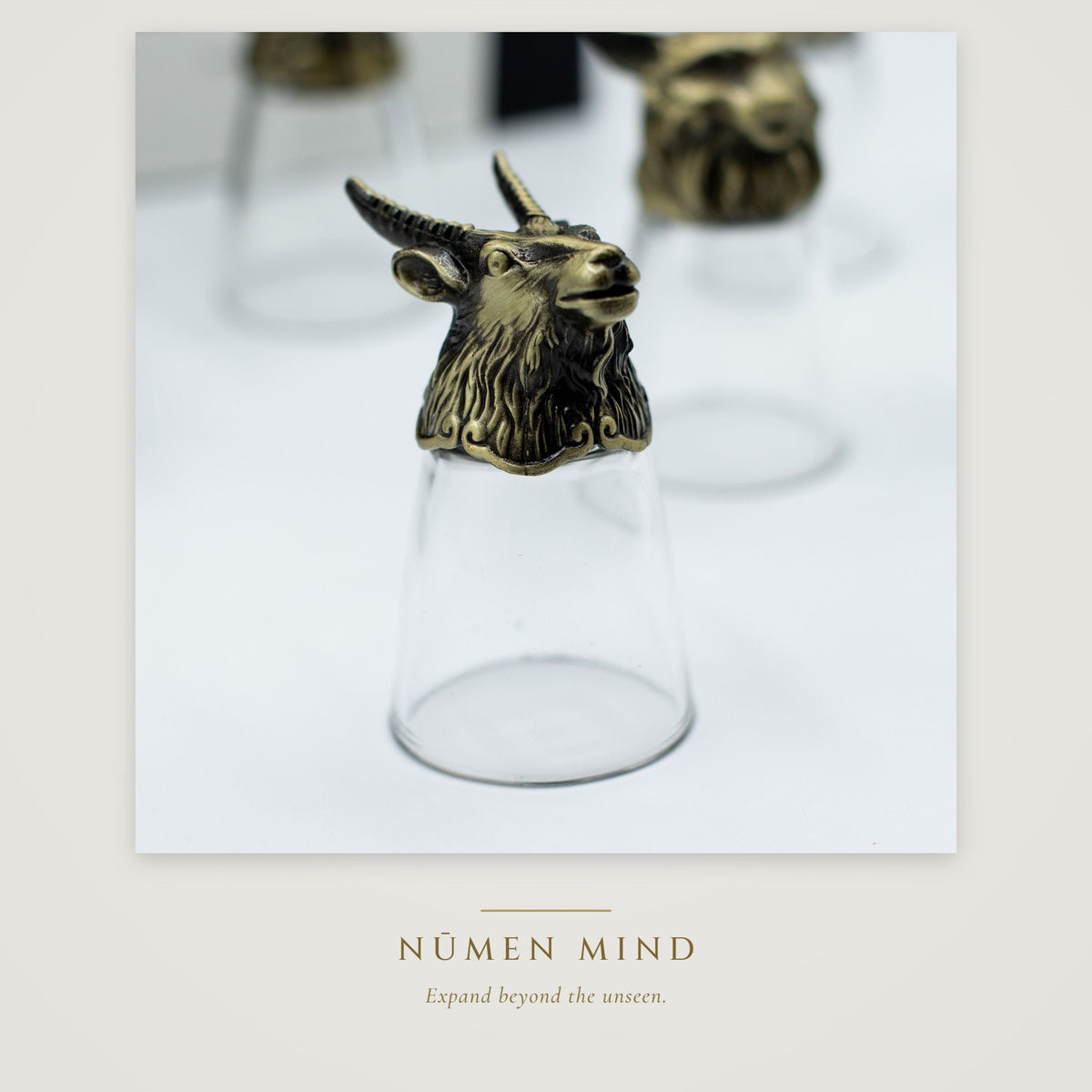 Vasos de chupito con animales del bosque en bronce · NŪMEN MIND